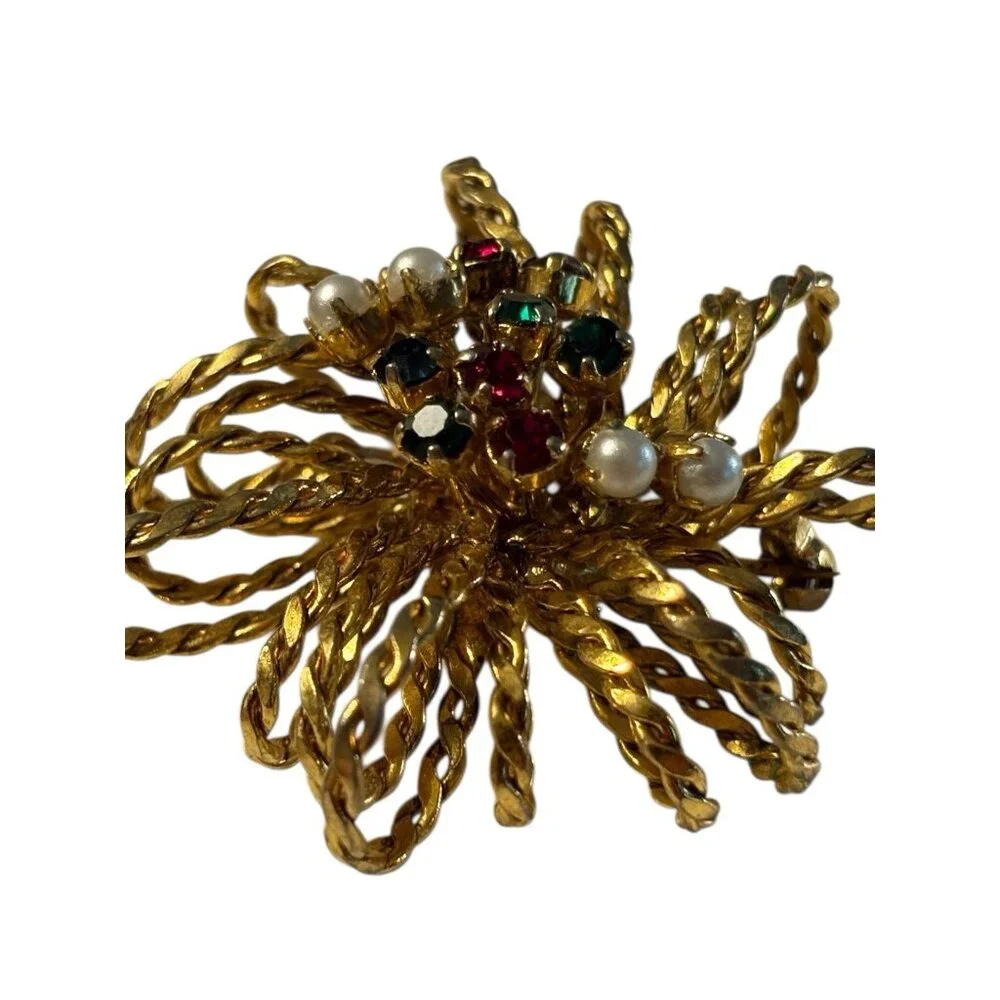 Austria 3D Rope Brooch Pin Starburst Fireworks‎ Atomic Rhinestone Faux Pearl VTG